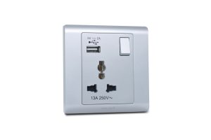 Switched Socket Universal 16A With USB 5V2A R Series Titanium MK Honeywell R2835USTT