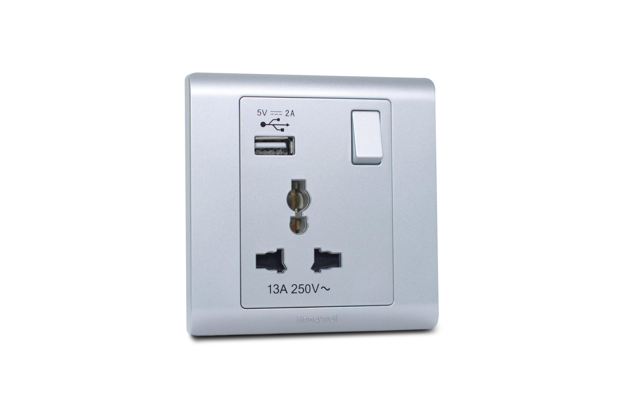 Switched Socket Universal 16A With USB 5V2A R Series Titanium MK Honeywell R2835USTT