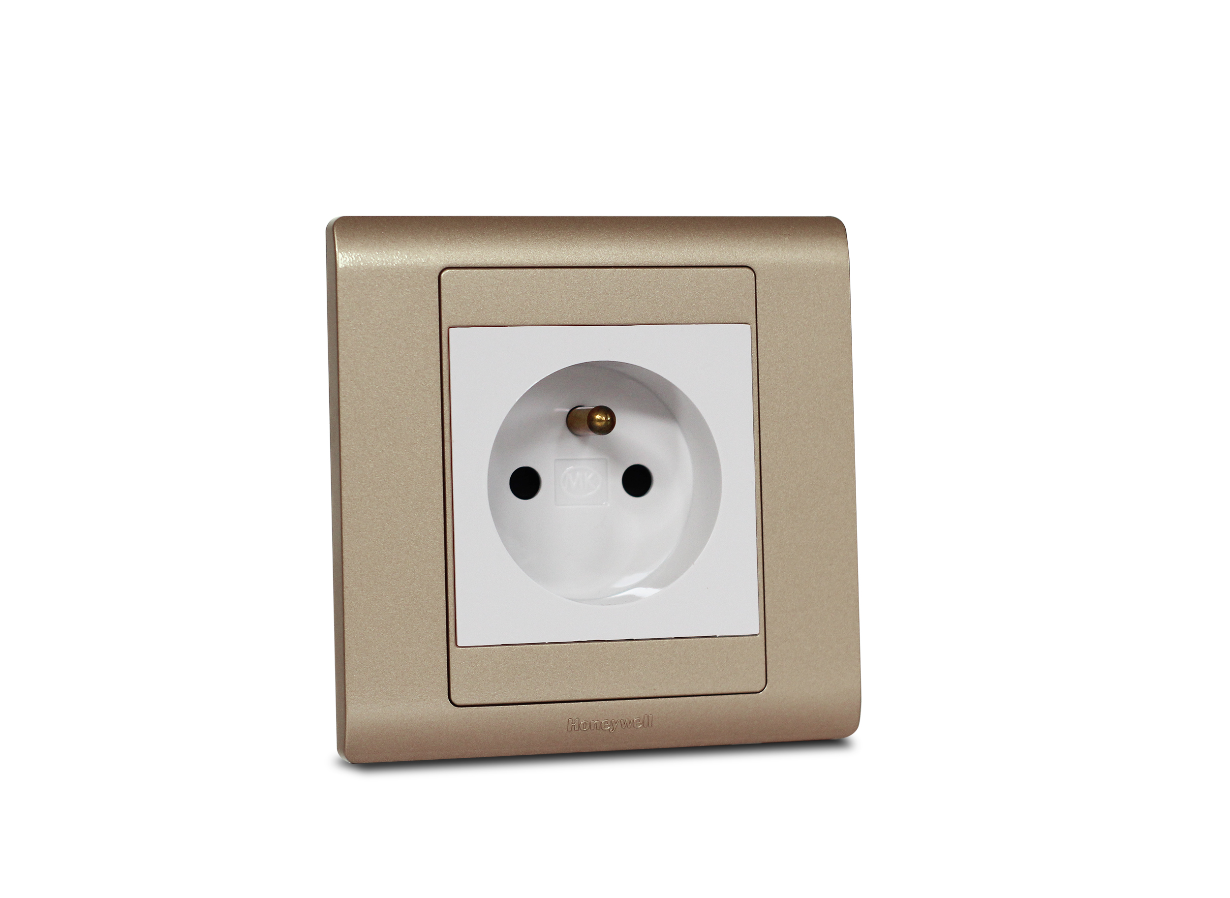 French Socket 2P+E 16A Single White MK Honeywell R Series Champagne Frame