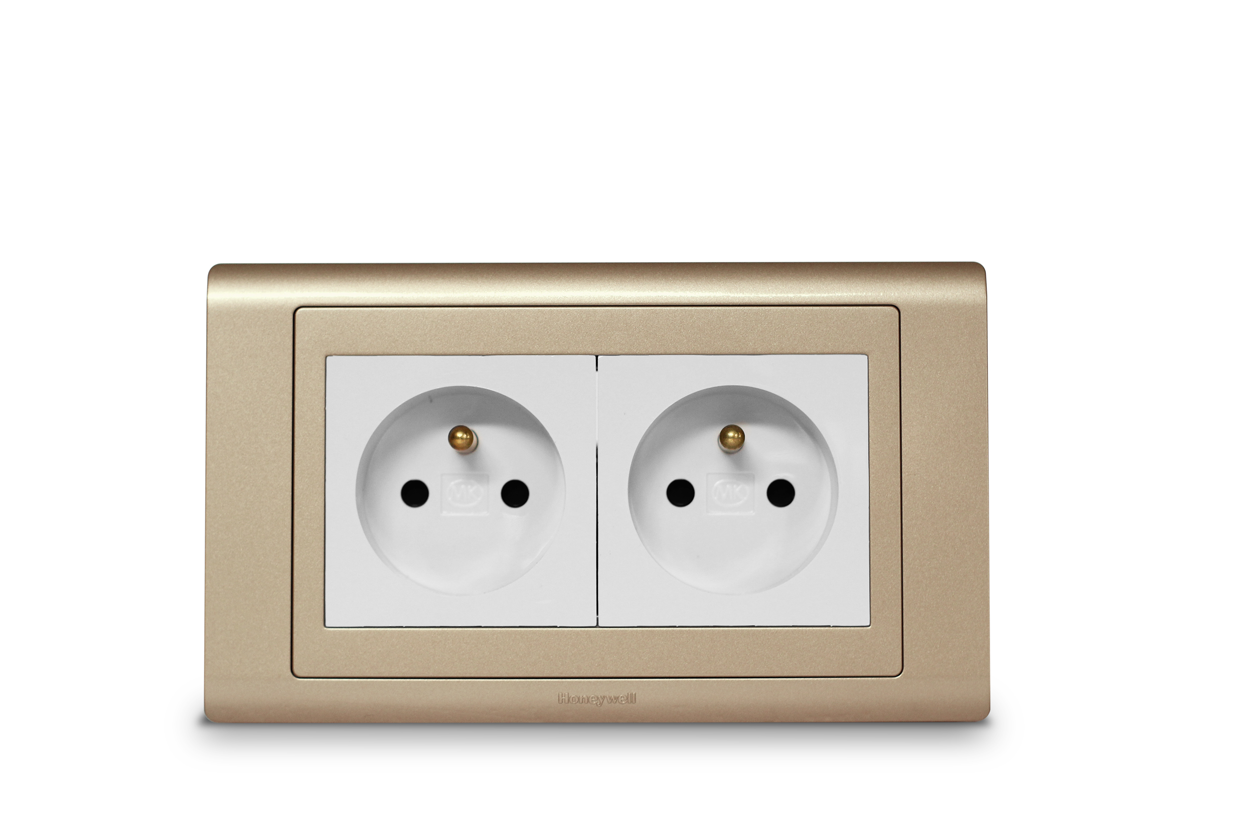 French Socket 2P+E 16A Double White MK Honeywell R Series Frame Champagne..